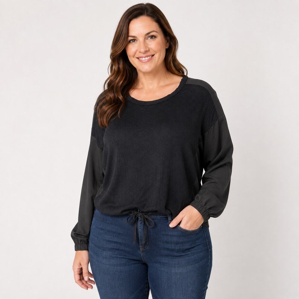 Pleione Womens Large Black Textured Knit Blouse Sheer Sleeve Drawstring Hem Top